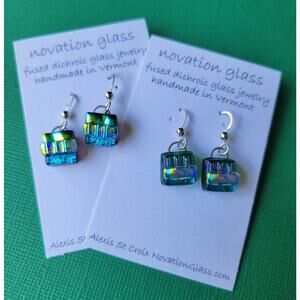 Two Pair Fused Dichroic Glass Dangle Earrings with Sterling Hooks Handmade